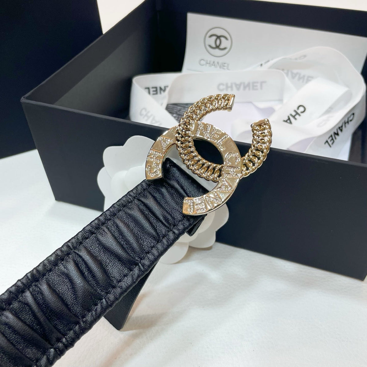 DOUBLE C ELASTIC BELT 30MM IN BLACK CALFSKIN GOLD CRYSTAL EMBELLISHED BUCKLE