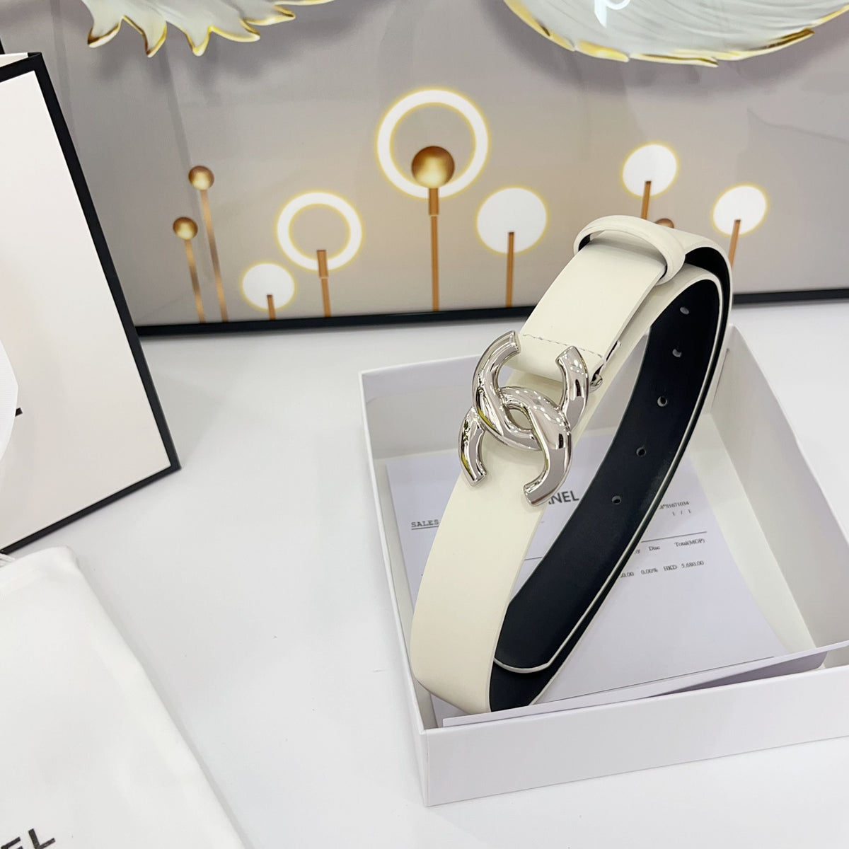 DOUBLE C BELT 30MM IN WHITE CALFSKIN WITH SHINY SILVER BUCKLE