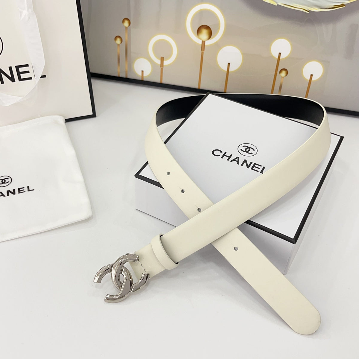 DOUBLE C BELT 30MM IN WHITE CALFSKIN WITH SHINY SILVER BUCKLE