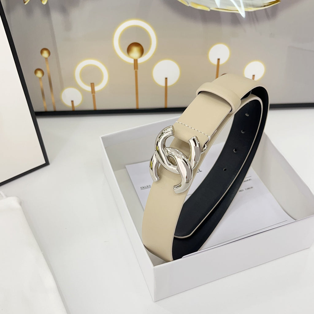 DOUBLE C BELT 30MM IN BEIGE CALFSKIN WITH SHINY SILVER BUCKLE