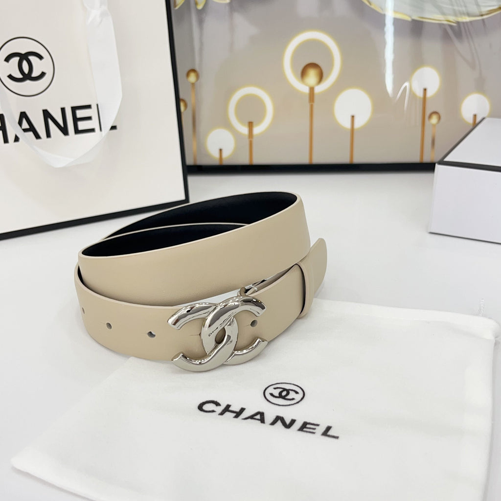 DOUBLE C BELT 30MM IN BEIGE CALFSKIN WITH SHINY SILVER BUCKLE