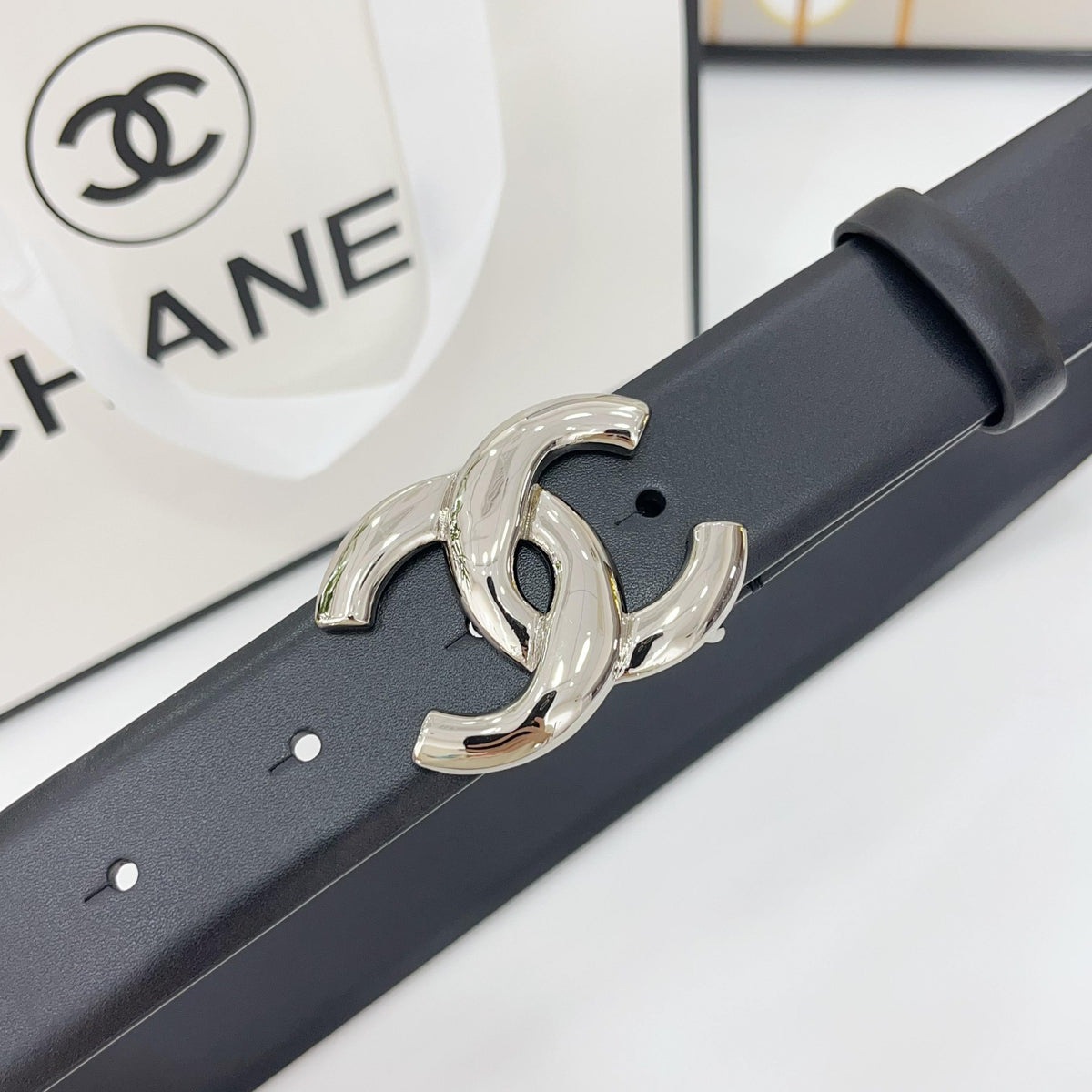 DOUBLE C BELT 30MM IN BLACK CALFSKIN WITH SHINY SILVER BUCKLE