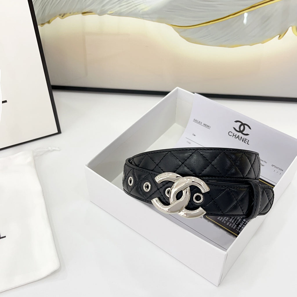 DOUBLE C BELT 30MM IN BLACK QUILTED LEATHER WITH SILVER BUCKLE