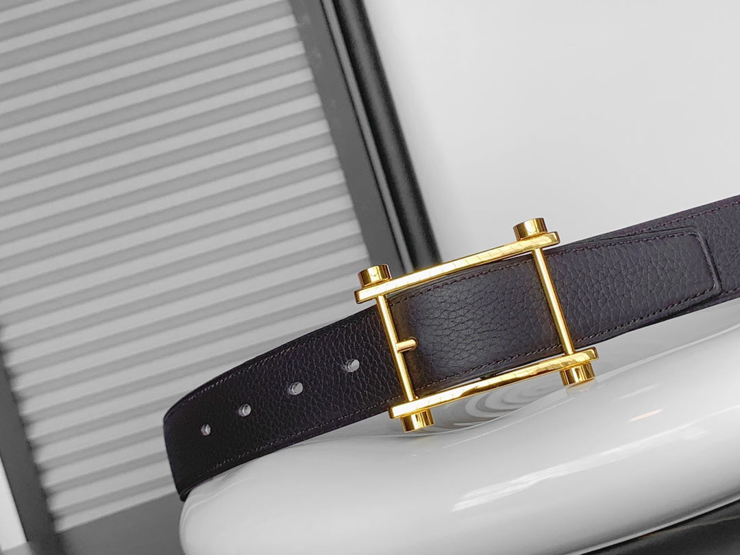 HM REVERSIBLE BLACK AND CHESTNUT BROWN LEATHER STRAP 32 MM GOLD HARDWARE