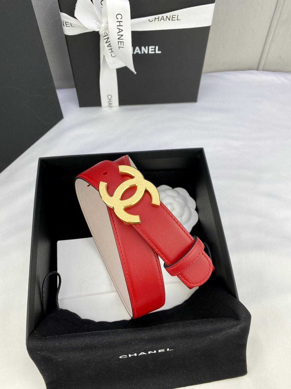 DOUBLE C BELT 30MM IN RED CALFSKIN METAL BUCKLE