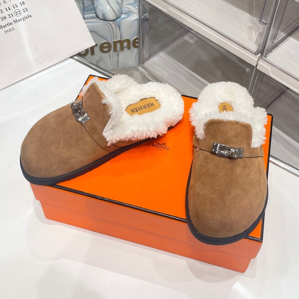 SLIP-ON MULE IN MEDIUM BROWN SUEDE AND SHEARLING LINING