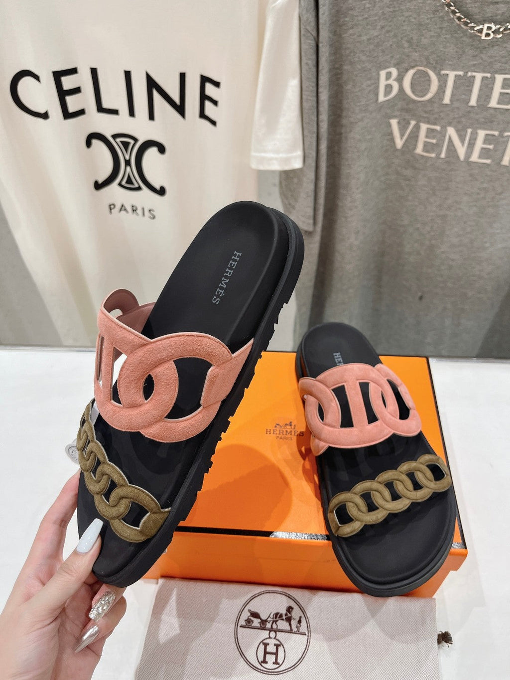 EXTRA SANDAL BLACK MIX PEACH MIX MOSS CALFSKIN