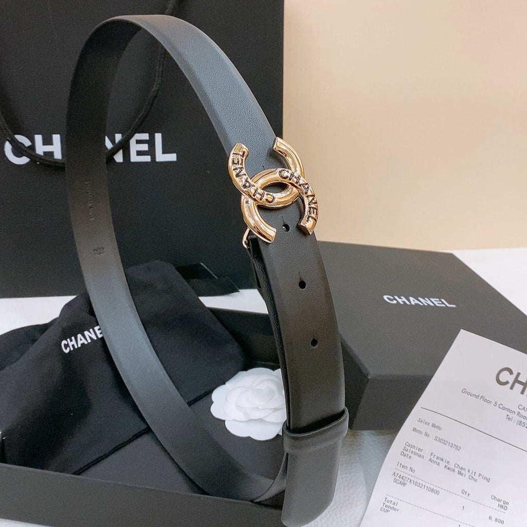 DOUBLE C BELT 30MM IN BLACK CALFSKIN GOLD BUCKLE EMBOSSED LOGO