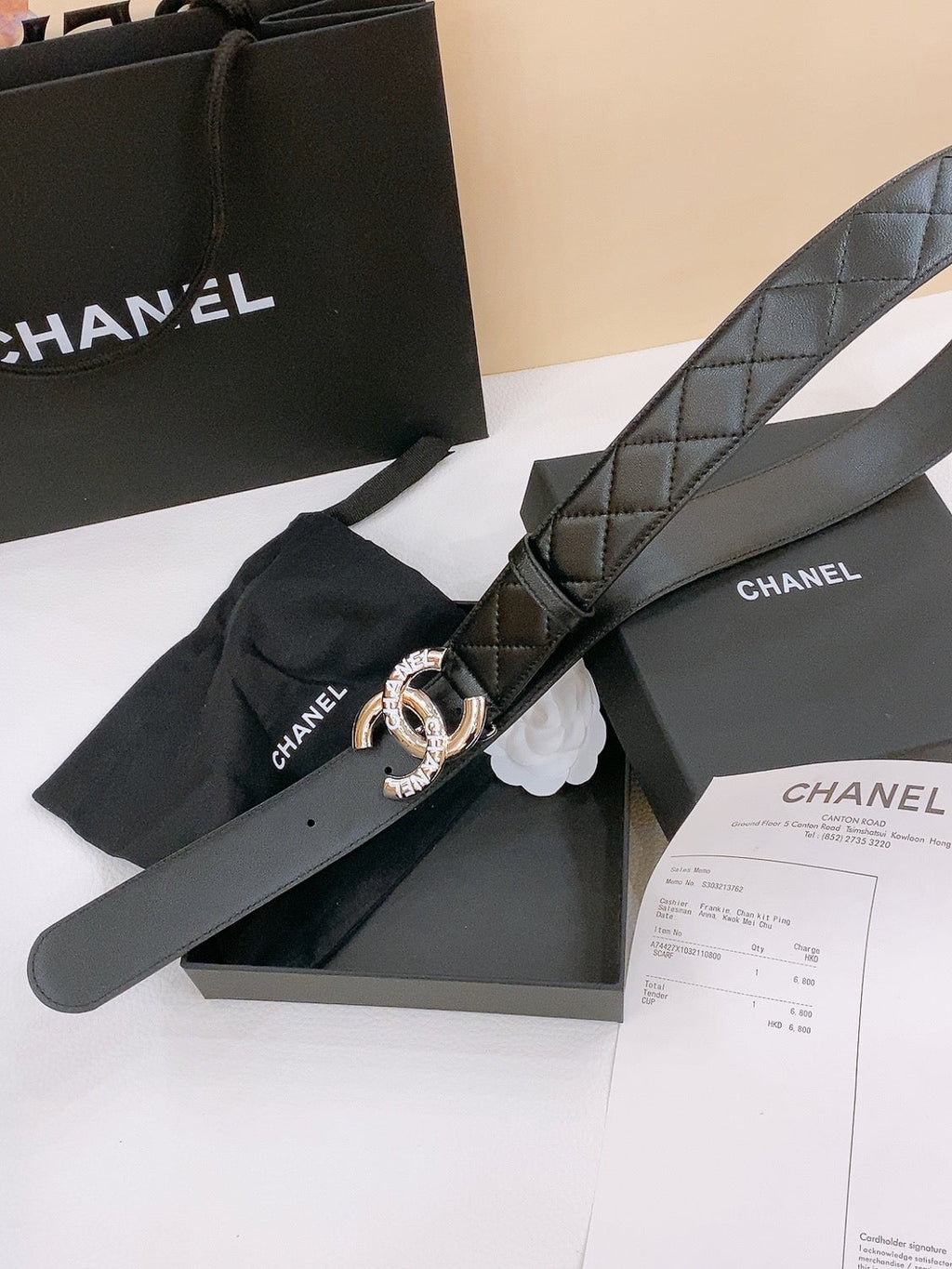 DOUBLE C BELT 40MM IN BLACK QUILTED LAMBSKIN SILVER RESIN BUCKLE