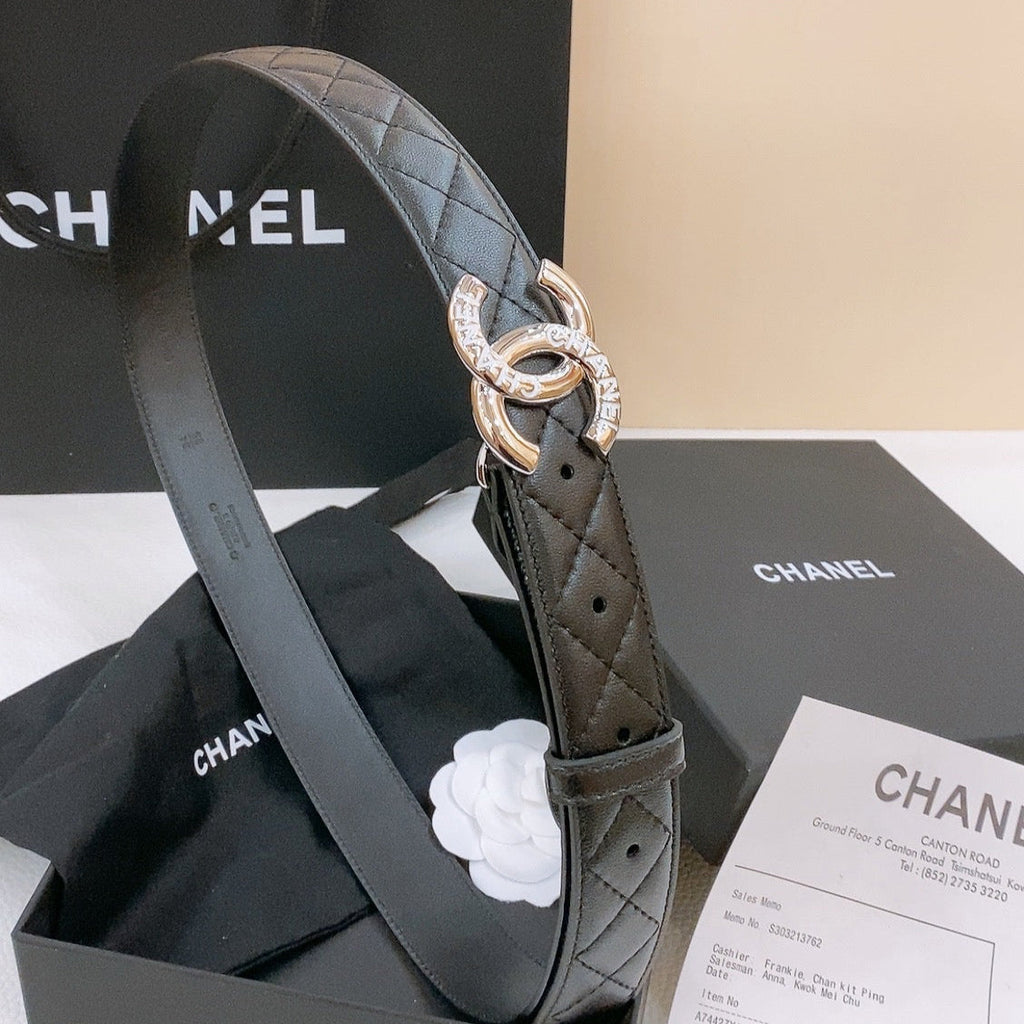 DOUBLE C BELT 30MM IN BLACK QUILTED LAMBSKIN WITH SILVER RESIN BUCKLE EMBOSSED LOGO